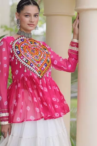Rani&White Cotton Readymade Navratri Lehenga Choli with Kutchi Gamthi Patchework