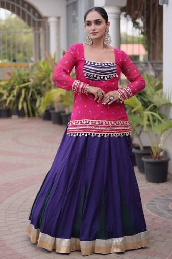 Violet&Pink Rayon Readymade Navratri Lehenga Choli with Kutchi Gamthi Work