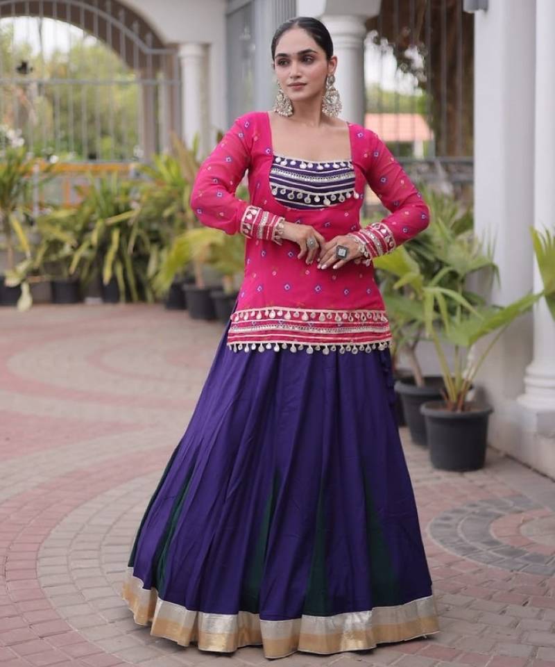 Violet&Pink Rayon Readymade Navratri Lehenga Choli with Kutchi Gamthi Work