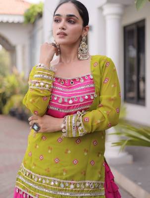 Olive&Pink Rayon Readymade Navratri Lehenga Choli with Kutchi Gamthi Work 3