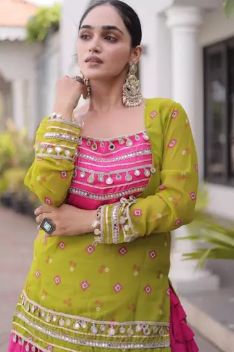 Olive&Pink Rayon Readymade Navratri Lehenga Choli with Kutchi Gamthi Work