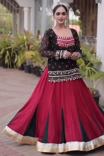 Black&Maroon Rayon Readymade Navratri Lehenga Choli with Kutchi Gamthi Work