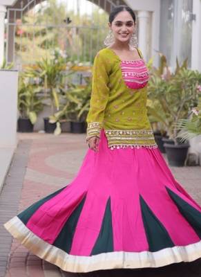 Olive&Pink Rayon Readymade Navratri Lehenga Choli with Kutchi Gamthi Work 4