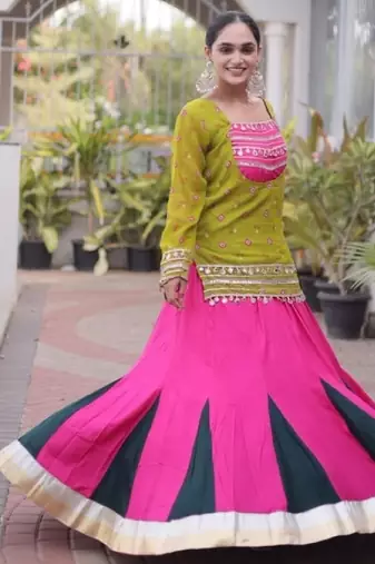 Olive&Pink Rayon Readymade Navratri Lehenga Choli with Kutchi Gamthi Work
