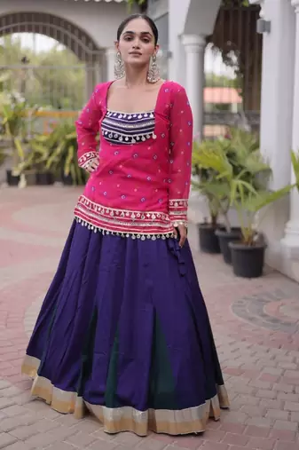 Violet&Pink Rayon Readymade Navratri Lehenga Choli with Kutchi Gamthi Work