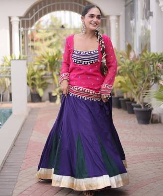 Violet&Pink Rayon Readymade Navratri Lehenga Choli with Kutchi Gamthi Work 3