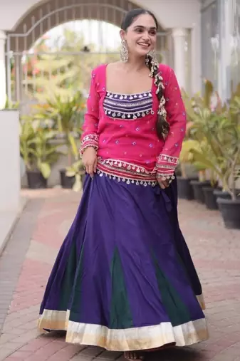 Violet&Pink Rayon Readymade Navratri Lehenga Choli with Kutchi Gamthi Work