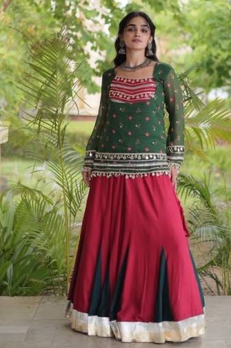 Green&Red Rayon Readymade Navratri Lehenga Choli with Kutchi Gamthi Work