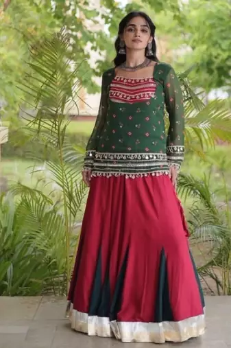 Green&Red Rayon Readymade Navratri Lehenga Choli with Kutchi Gamthi Work