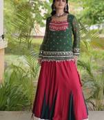 Green&Red Rayon Readymade Navratri Lehenga Choli with Kutchi Gamthi Work