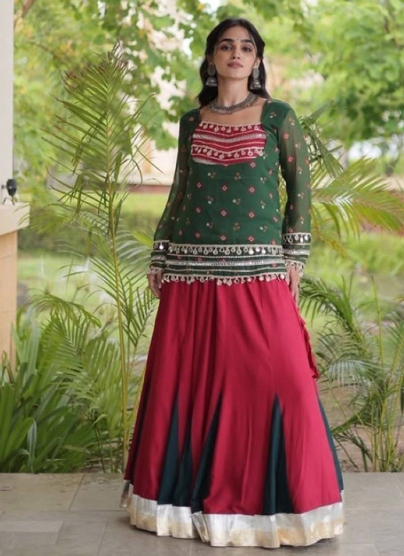 Green&Red Rayon Readymade Navratri Lehenga Choli with Kutchi Gamthi Work