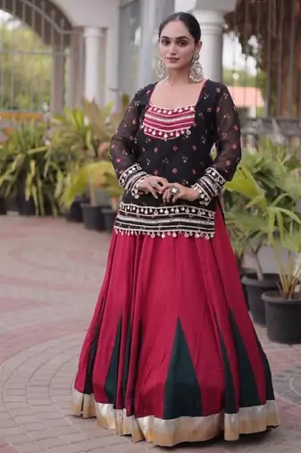 Black&Maroon Rayon Readymade Navratri Lehenga Choli with Kutchi Gamthi Work