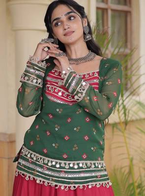 Green&Red Rayon Readymade Navratri Lehenga Choli with Kutchi Gamthi Work 2