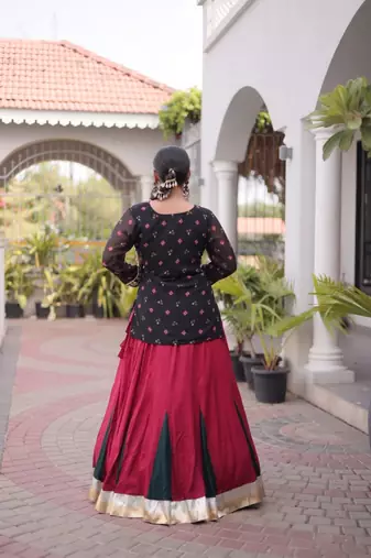 Black&Maroon Rayon Readymade Navratri Lehenga Choli with Kutchi Gamthi Work