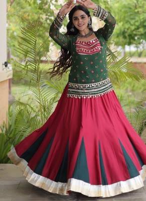Green&Red Rayon Readymade Navratri Lehenga Choli with Kutchi Gamthi Work 3