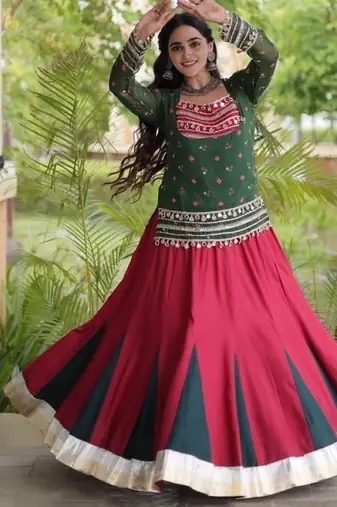 Green&Red Rayon Readymade Navratri Lehenga Choli with Kutchi Gamthi Work