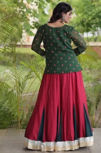 Green&Red Rayon Readymade Navratri Lehenga Choli with Kutchi Gamthi Work