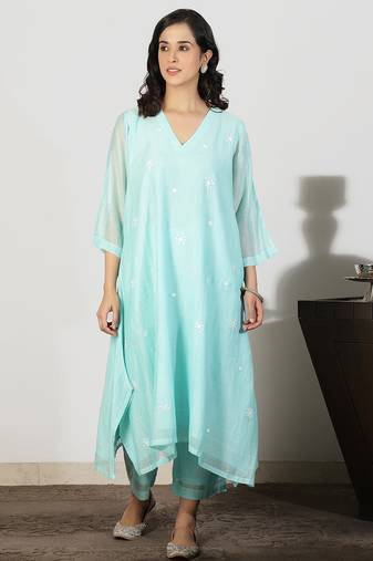 Aqua blue chanderi a-line kurta set with sequin and threadwork embroidery, stitched