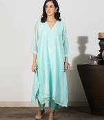 Aqua blue chanderi a-line kurta set with sequin and threadwork embroidery, stitched