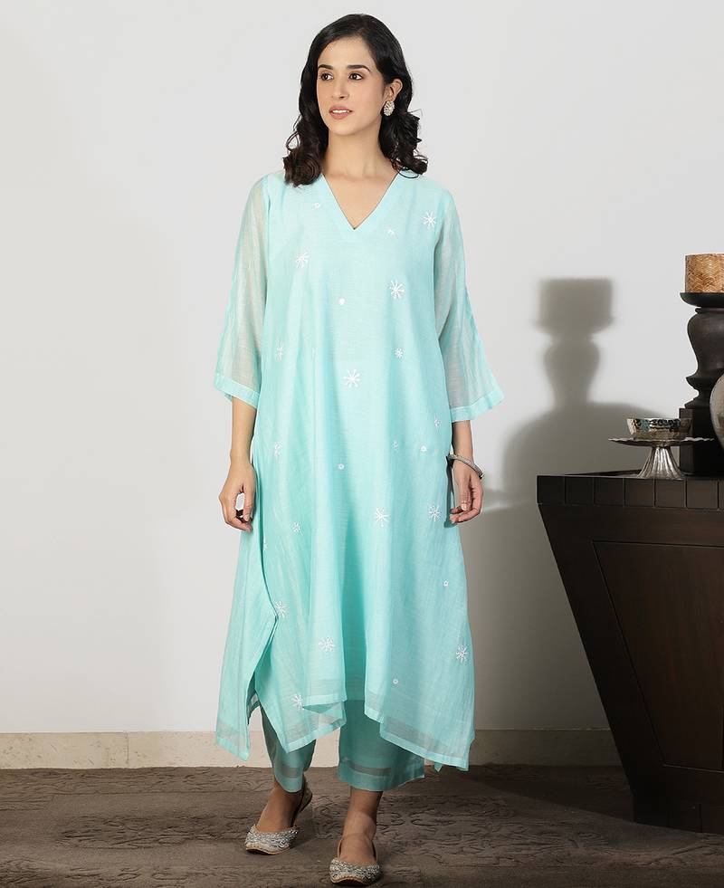 Aqua blue chanderi a-line kurta set with sequin and threadwork embroidery, stitched