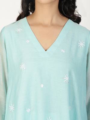 Aqua blue chanderi a-line kurta set with sequin and threadwork embroidery, stitched 2