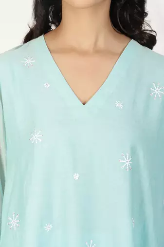 Aqua blue chanderi a-line kurta set with sequin and threadwork embroidery, stitched