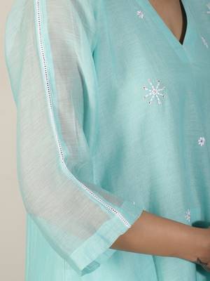 Aqua blue chanderi a-line kurta set with sequin and threadwork embroidery, stitched 3