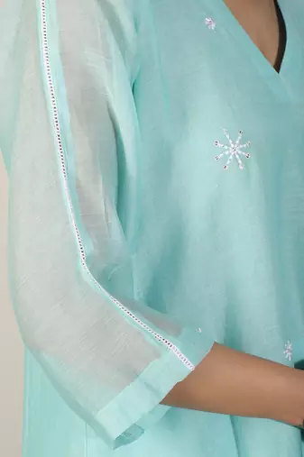 Aqua blue chanderi a-line kurta set with sequin and threadwork embroidery, stitched