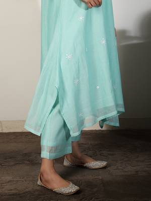 Aqua blue chanderi a-line kurta set with sequin and threadwork embroidery, stitched 4