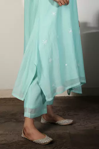 Aqua blue chanderi a-line kurta set with sequin and threadwork embroidery, stitched
