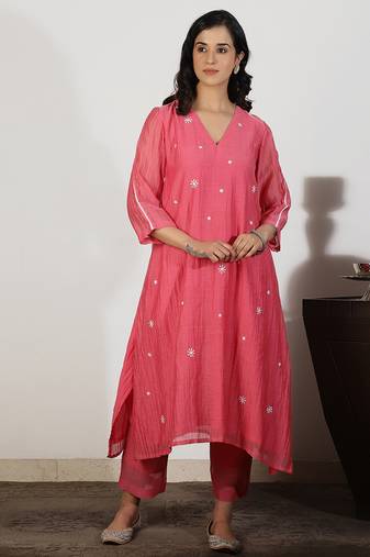 Coral chanderi a-line kurta set with sequin and threadwork embroidery, stitched