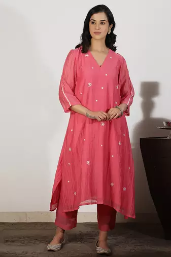 Coral chanderi a-line kurta set with sequin and threadwork embroidery, stitched