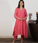 Coral chanderi a-line kurta set with sequin and threadwork embroidery, stitched