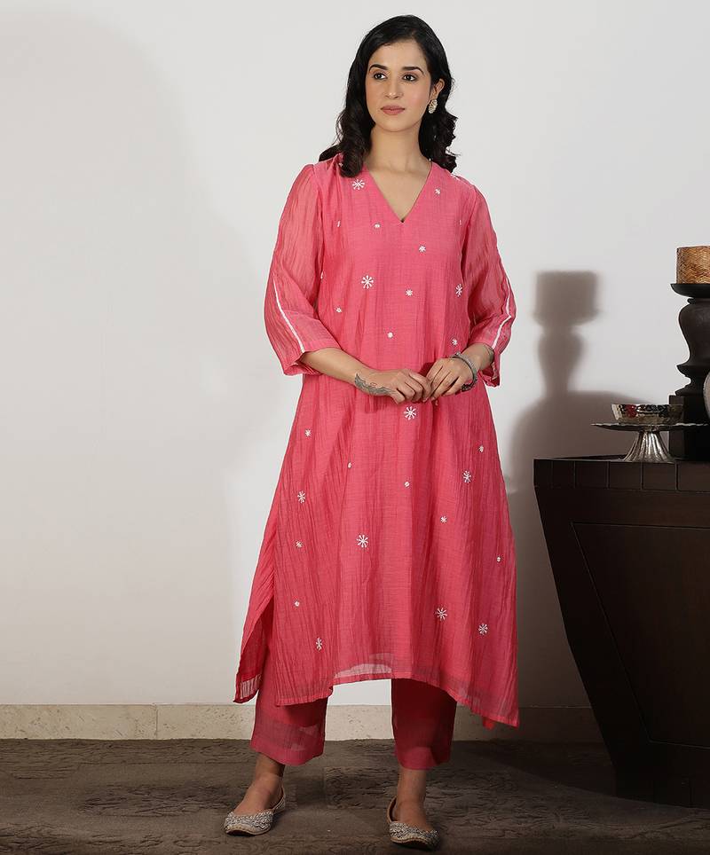 Coral chanderi a-line kurta set with sequin and threadwork embroidery, stitched