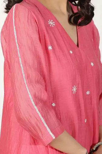 Coral chanderi a-line kurta set with sequin and threadwork embroidery, stitched