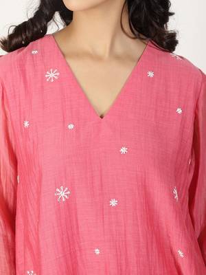 Coral chanderi a-line kurta set with sequin and threadwork embroidery, stitched 3