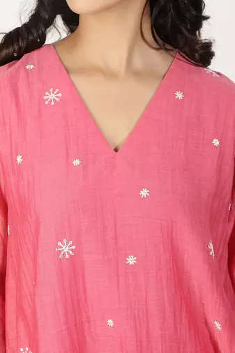 Coral chanderi a-line kurta set with sequin and threadwork embroidery, stitched