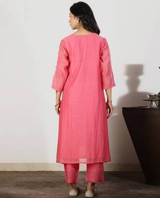 Coral chanderi a-line kurta set with sequin and threadwork embroidery, stitched 4