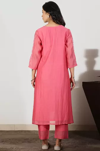 Coral chanderi a-line kurta set with sequin and threadwork embroidery, stitched