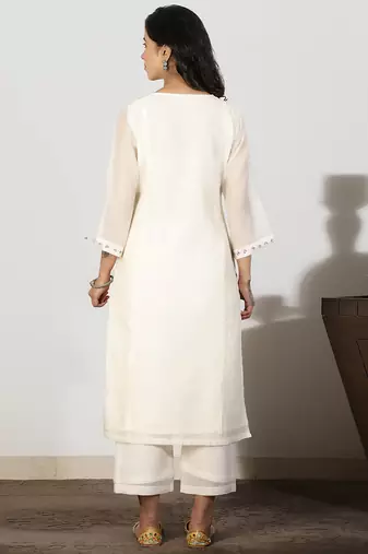 Off-white a-line kali kurta set with threadwork embroidery, stitched