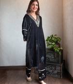 Black velvet hand embroidered kurta set, stitched