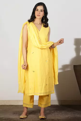 Yellow chanderi kurta set with mirrorwork and dupatta, stitched
