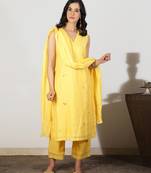 Yellow chanderi kurta set with mirrorwork and dupatta, stitched