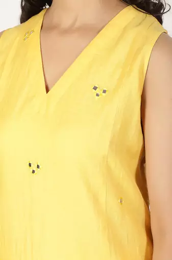 Yellow chanderi kurta set with mirrorwork and dupatta, stitched