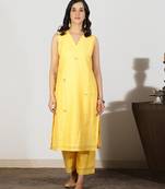Yellow chanderi kurta set with mirrorwork, stitched