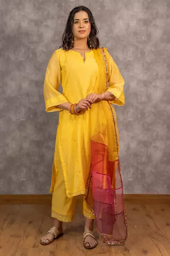 Yellow chanderi hand embellished a-line kurta set with dupatta, stitched
