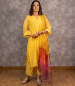 Yellow chanderi hand embellished a-line kurta set with dupatta, stitched