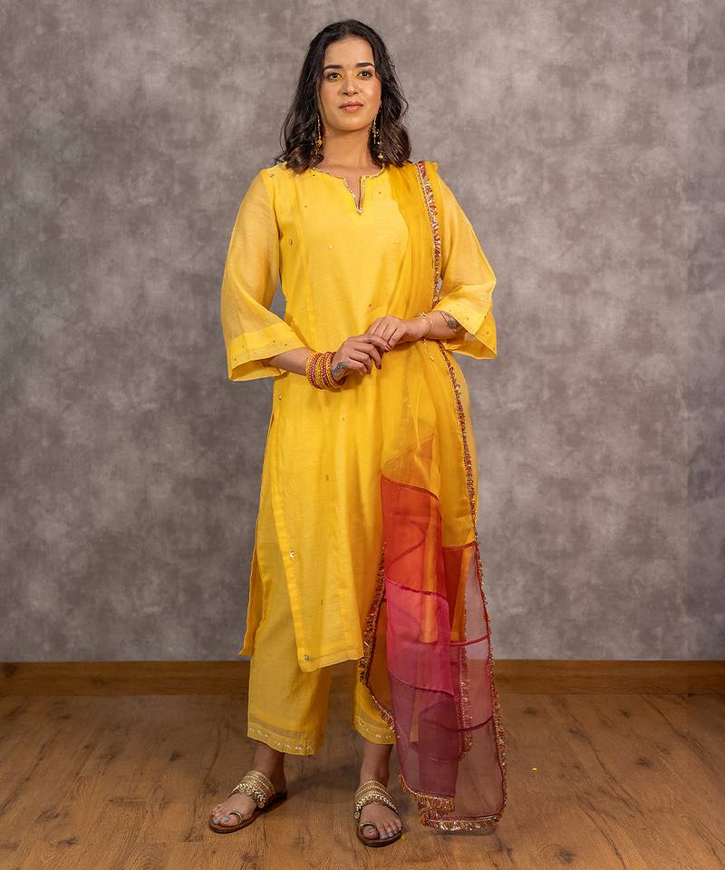 Yellow chanderi hand embellished a-line kurta set with dupatta, stitched