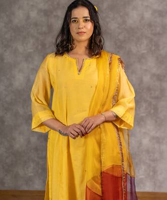 Yellow chanderi hand embellished a-line kurta set with dupatta, stitched 2