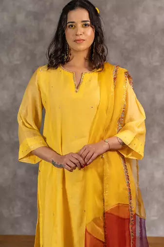 Yellow chanderi hand embellished a-line kurta set with dupatta, stitched